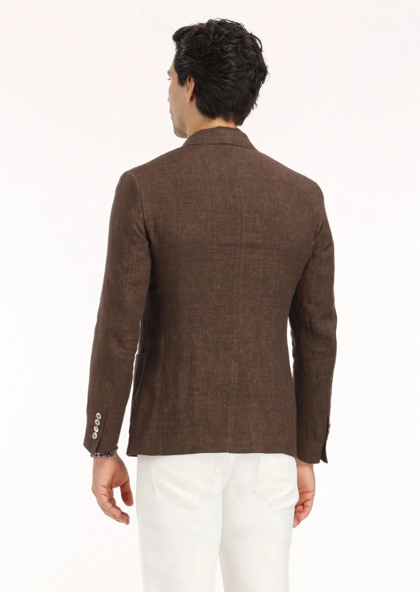 Kahverengi Düz Zeroweight Slim Fit %100 Keten Ceket - 6