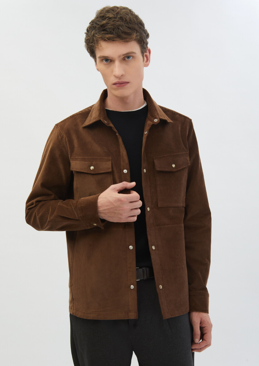 Kahverengi Fitilli Casual Fit Uzun Dokuma Kadife %100 Yün Overshırt - 3