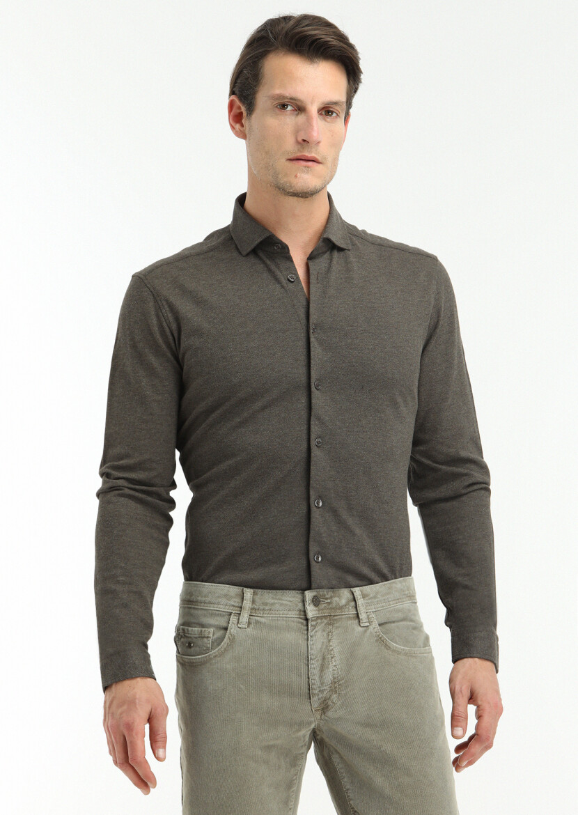 Kahverengi Fitted Fit Uzun Casual %100 Pamuk Gömlek - 3