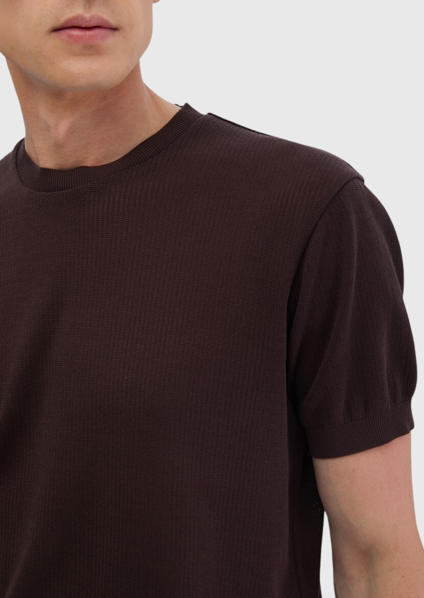 Kahverengi Jakarlı Bisiklet Yaka %100 Pamuk T-Shirt - 4