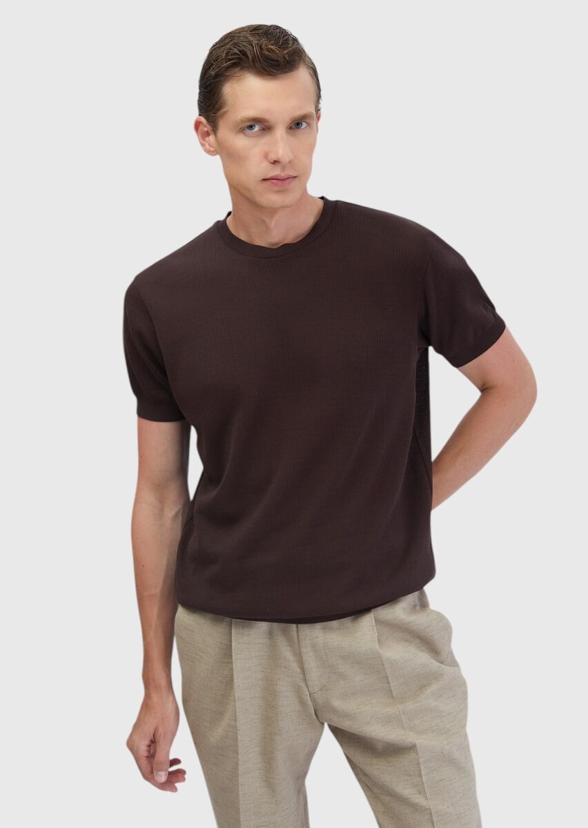Kahverengi Jakarlı Bisiklet Yaka %100 Pamuk T-Shirt - 1