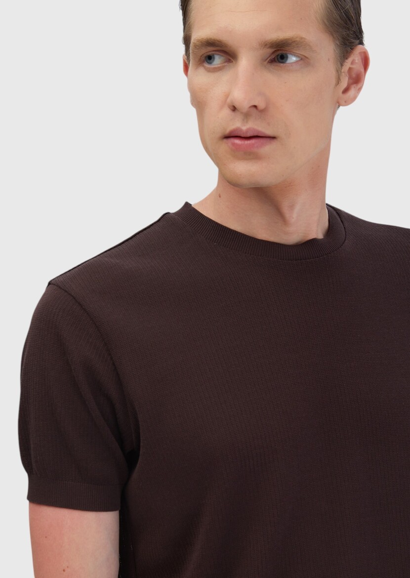 Kahverengi Jakarlı Bisiklet Yaka %100 Pamuk T-Shirt - 3