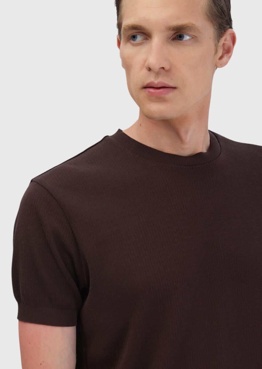 Kahverengi Jakarlı Bisiklet Yaka %100 Pamuk T-Shirt - 3