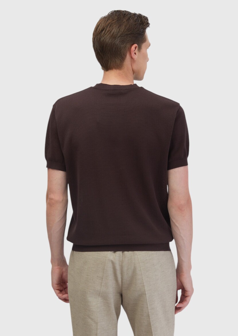Kahverengi Jakarlı Bisiklet Yaka %100 Pamuk T-Shirt - 5