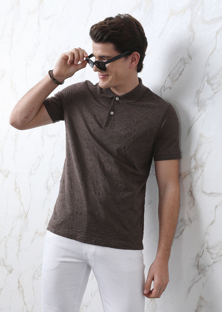 Kahverengi Jakarlı Polo Yaka %100 Pamuk T-Shirt - 1