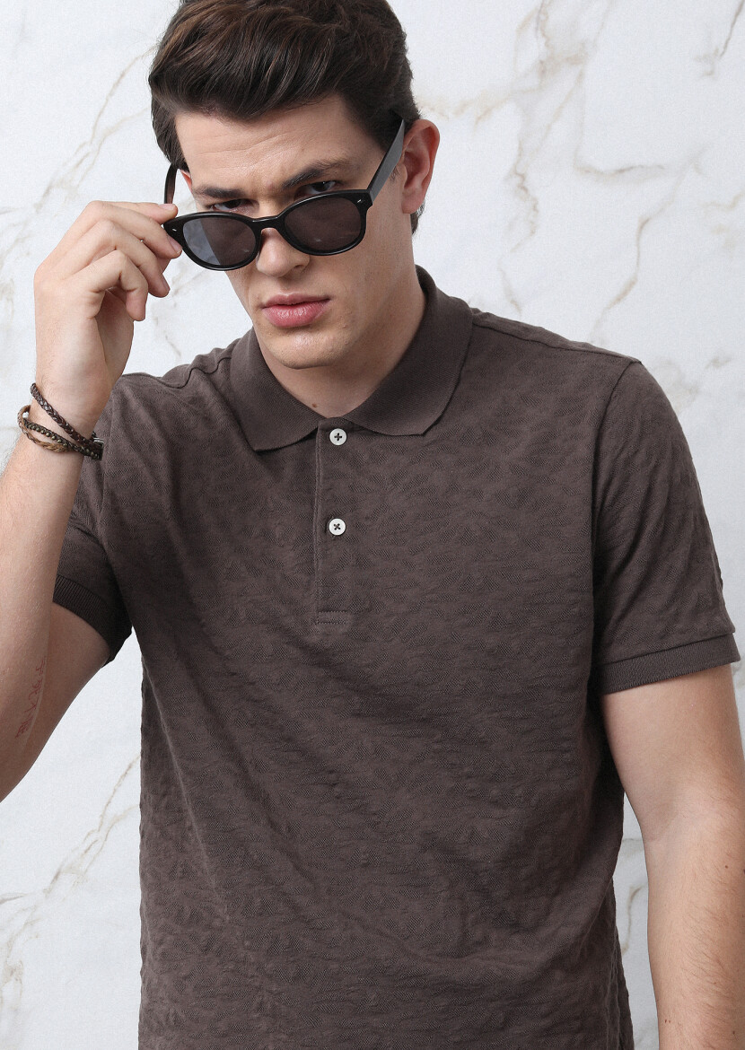 Kahverengi Jakarlı Polo Yaka %100 Pamuk T-Shirt - 3