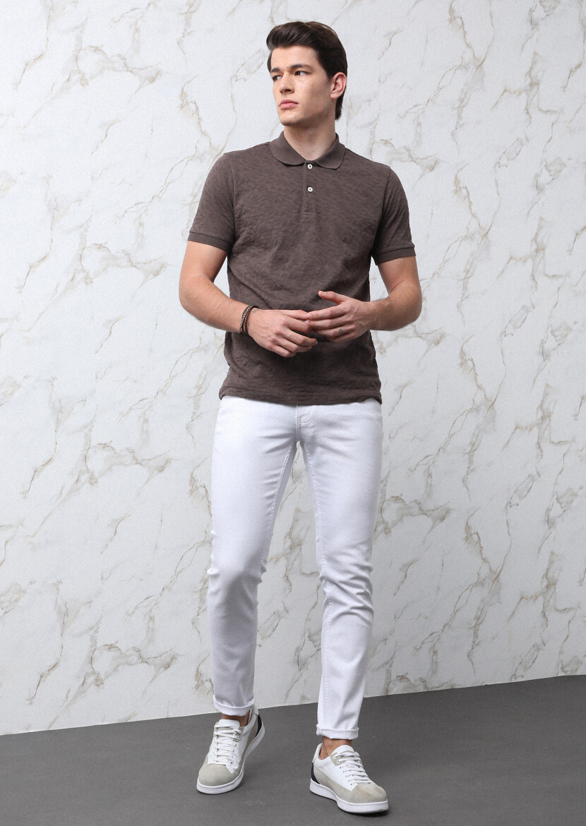 Kahverengi Jakarlı Polo Yaka %100 Pamuk T-Shirt - 4