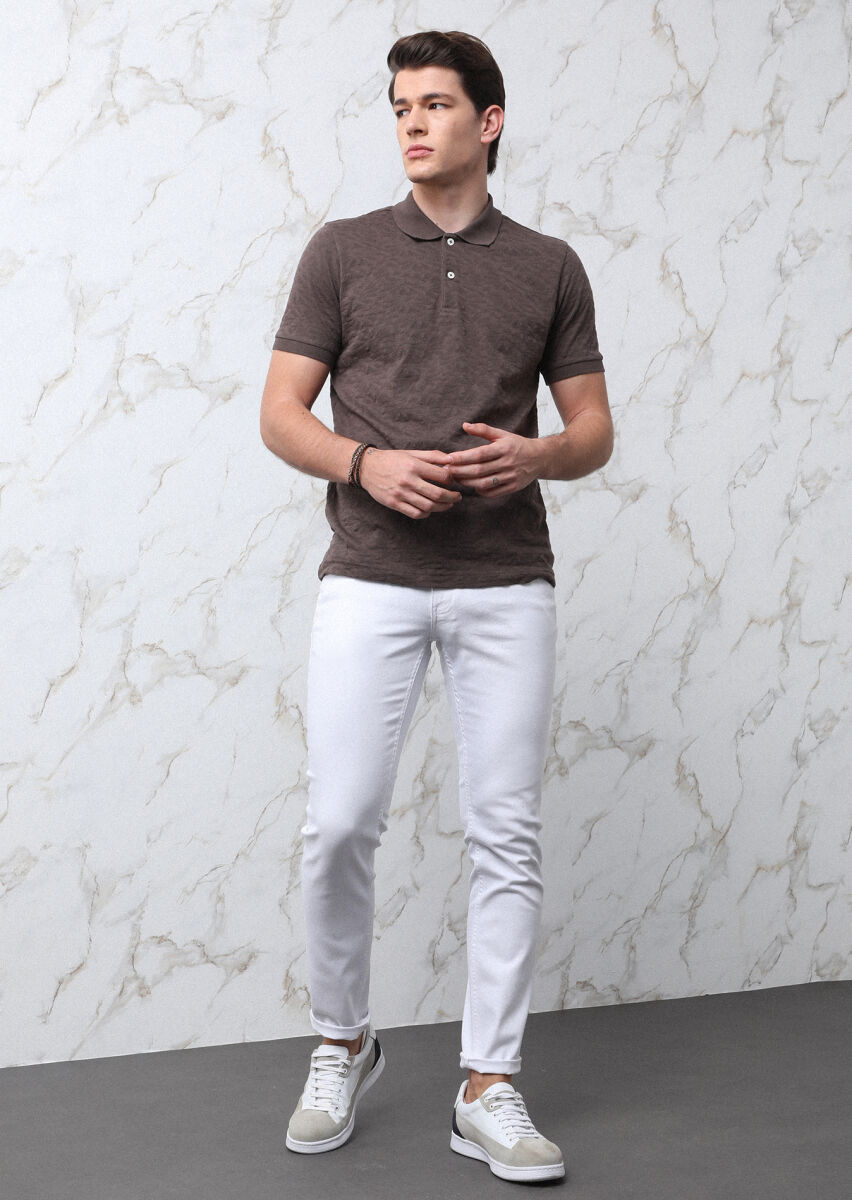 Kahverengi Jakarlı Polo Yaka %100 Pamuk T-Shirt - 4