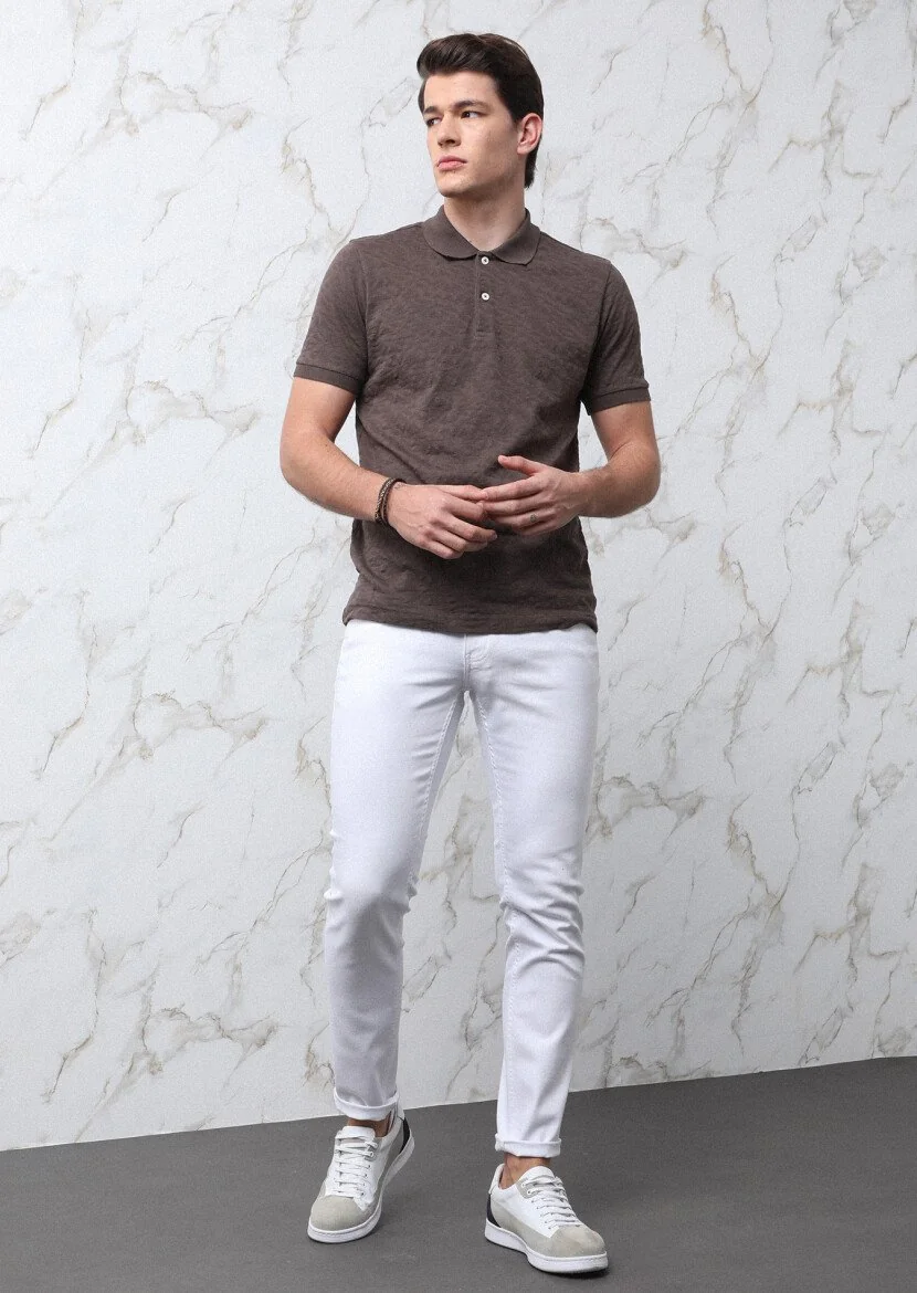 Kahverengi Jakarlı Polo Yaka %100 Pamuk T-Shirt - 4