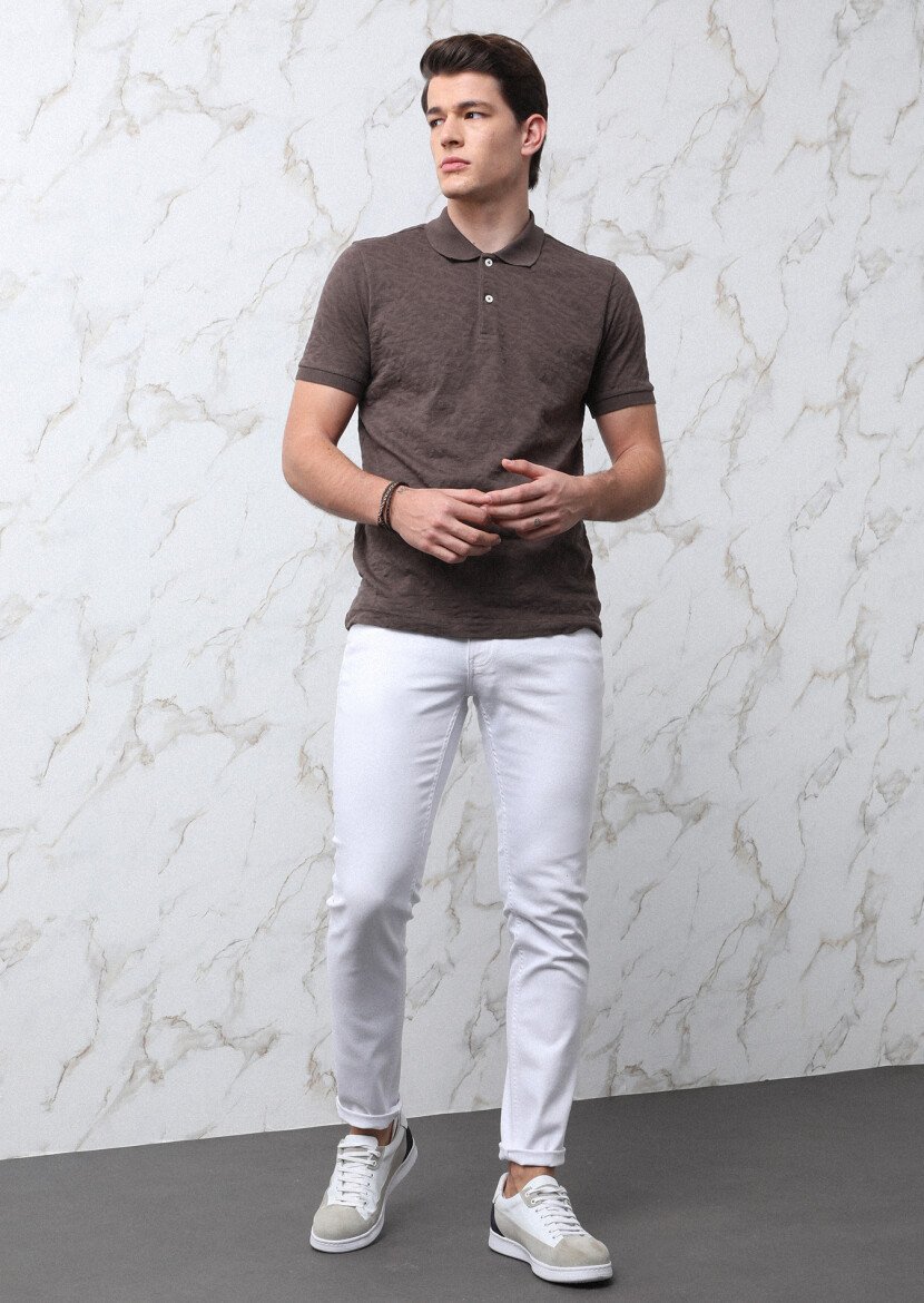 Kahverengi Jakarlı Polo Yaka %100 Pamuk T-Shirt - 6
