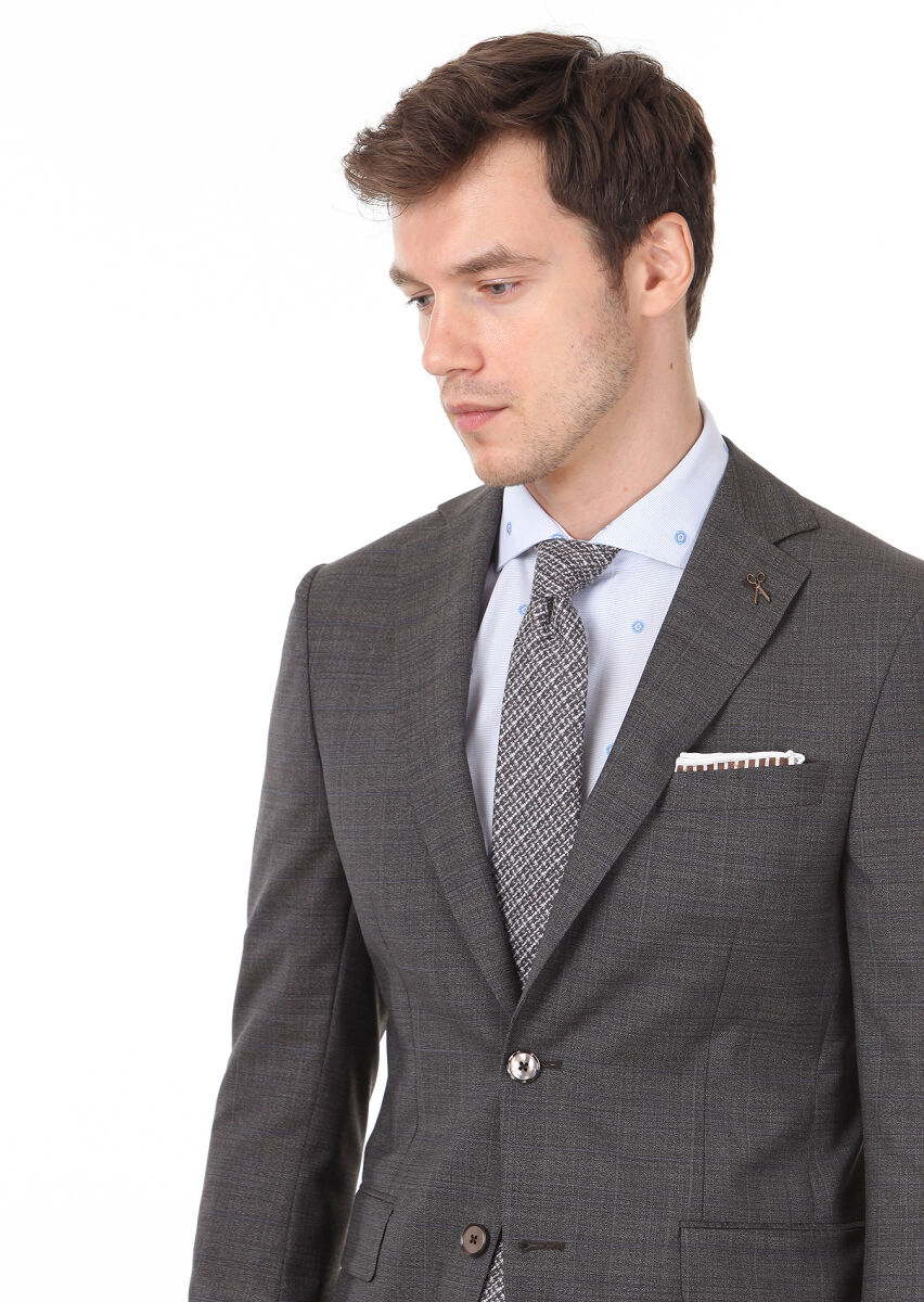 Kahverengi Kareli Modern Fit %100 Yün Takım Elbise - 2