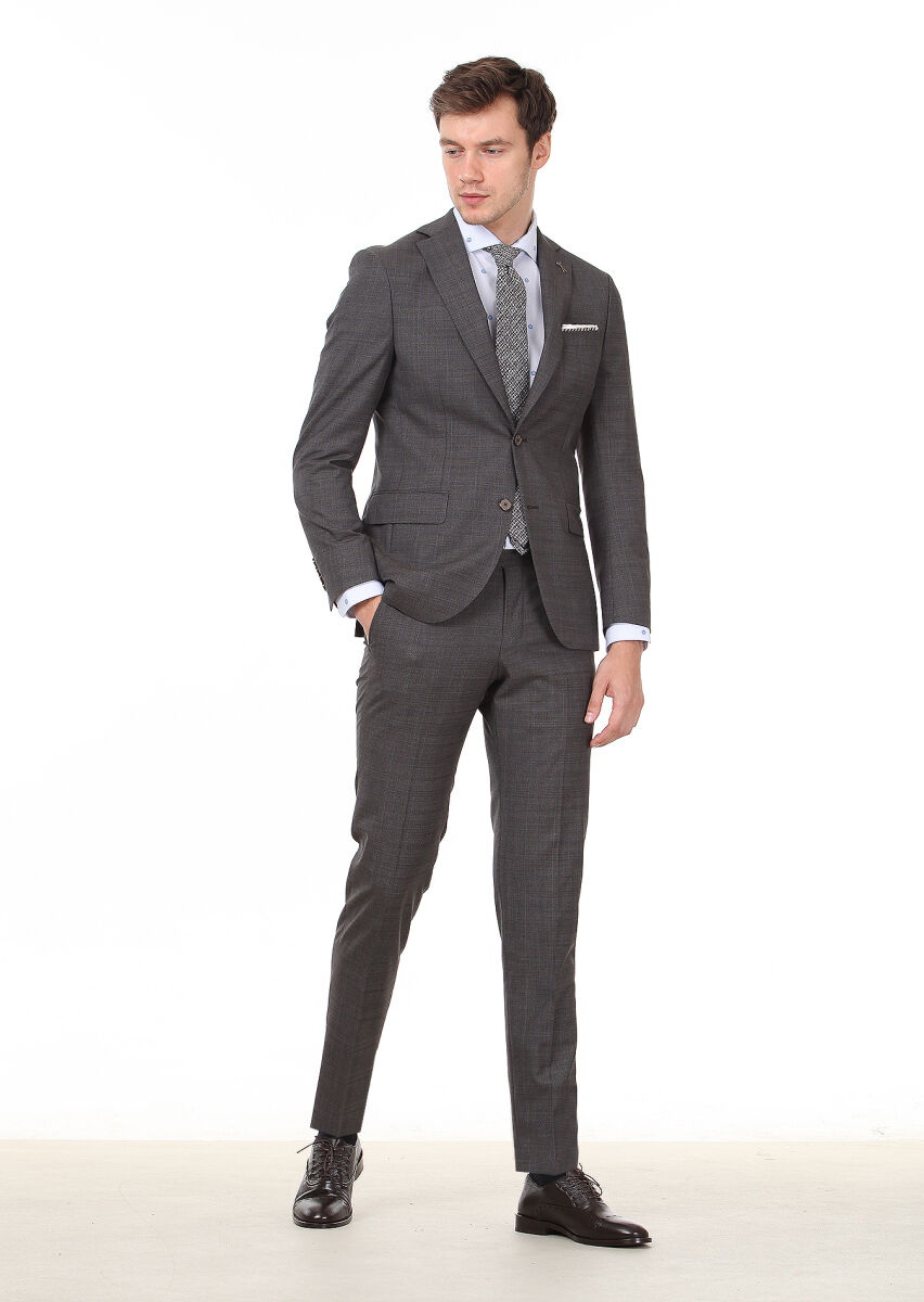 Kahverengi Kareli Modern Fit %100 Yün Takım Elbise - 4