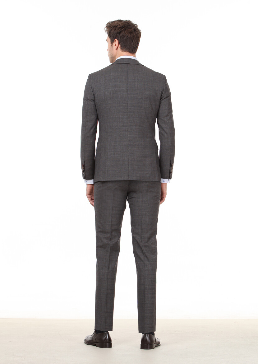Kahverengi Kareli Modern Fit %100 Yün Takım Elbise - 5
