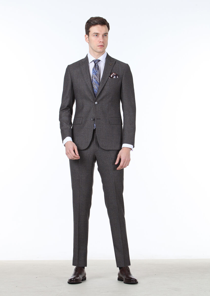 Kahverengi Kareli Zeroweight Slim Fit %100 Yün Takım Elbise - 3