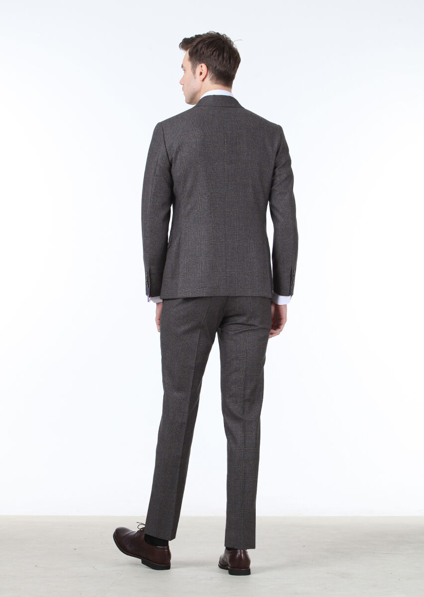 Kahverengi Kareli Zeroweight Slim Fit %100 Yün Takım Elbise - 4