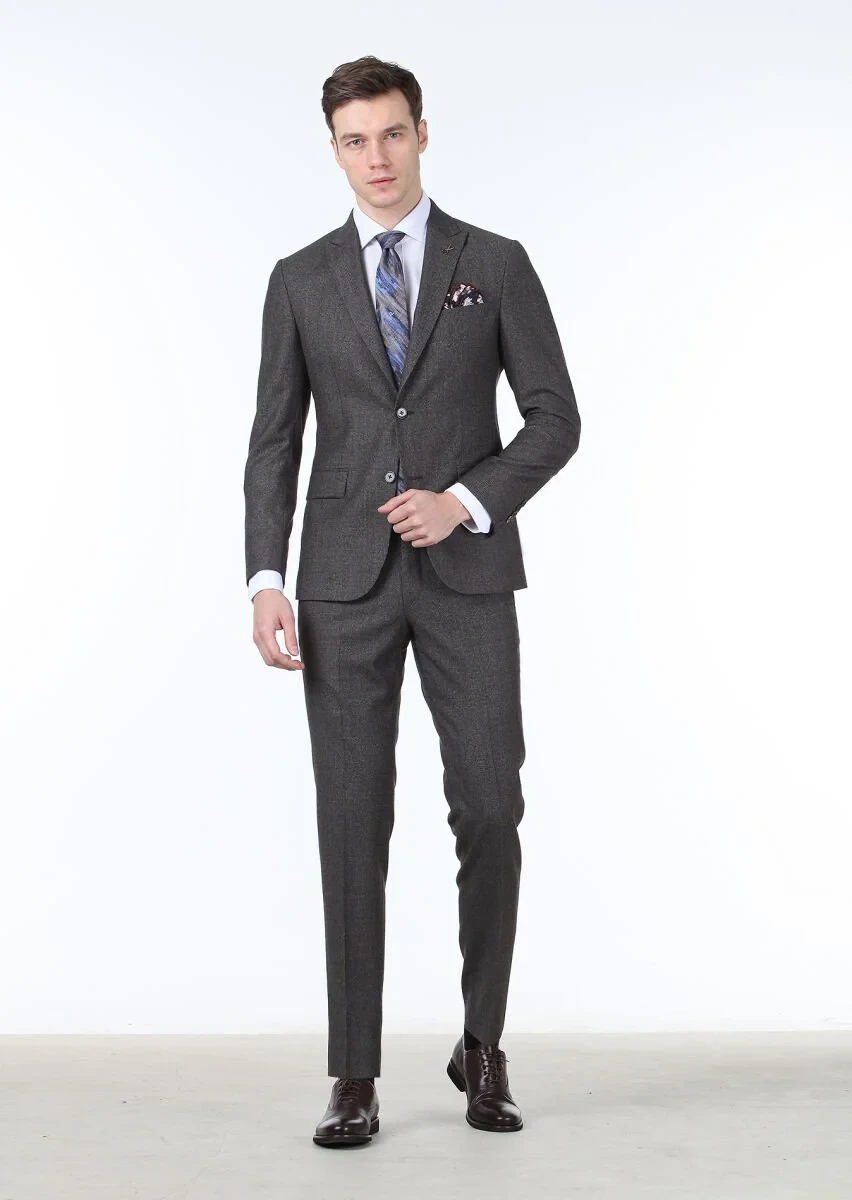 Kahverengi Kareli Zeroweight Slim Fit %100 Yün Takım Elbise - 1