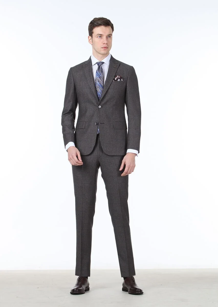 Kahverengi Kareli Zeroweight Slim Fit %100 Yün Takım Elbise - 3