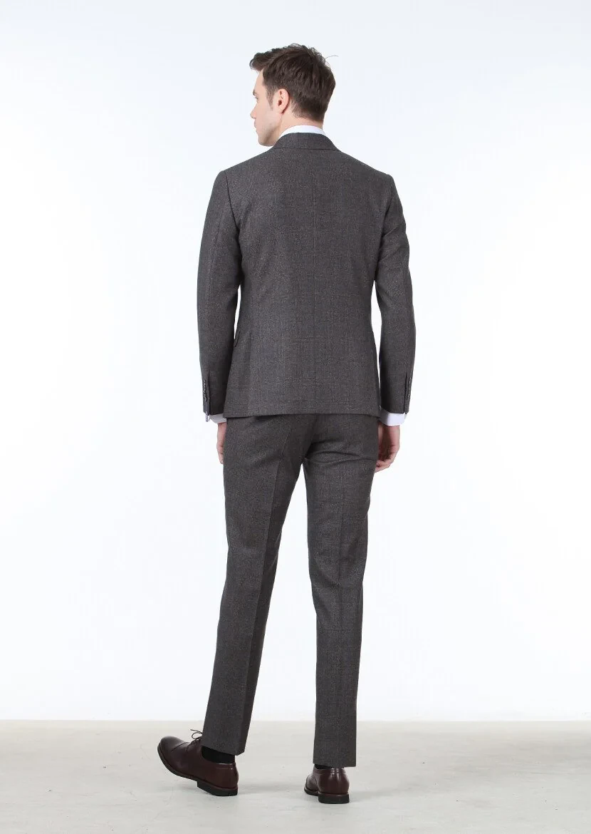 Kahverengi Kareli Zeroweight Slim Fit %100 Yün Takım Elbise - 4