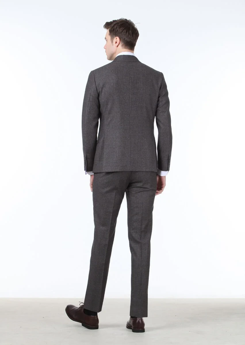 Kahverengi Kareli Zeroweight Slim Fit %100 Yün Takım Elbise - 4