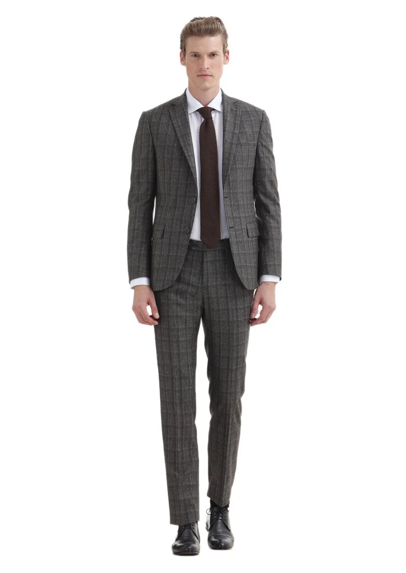 Kahverengi Kareli Zeroweight Slim Fit %100 Yün Takım Elbise - 1