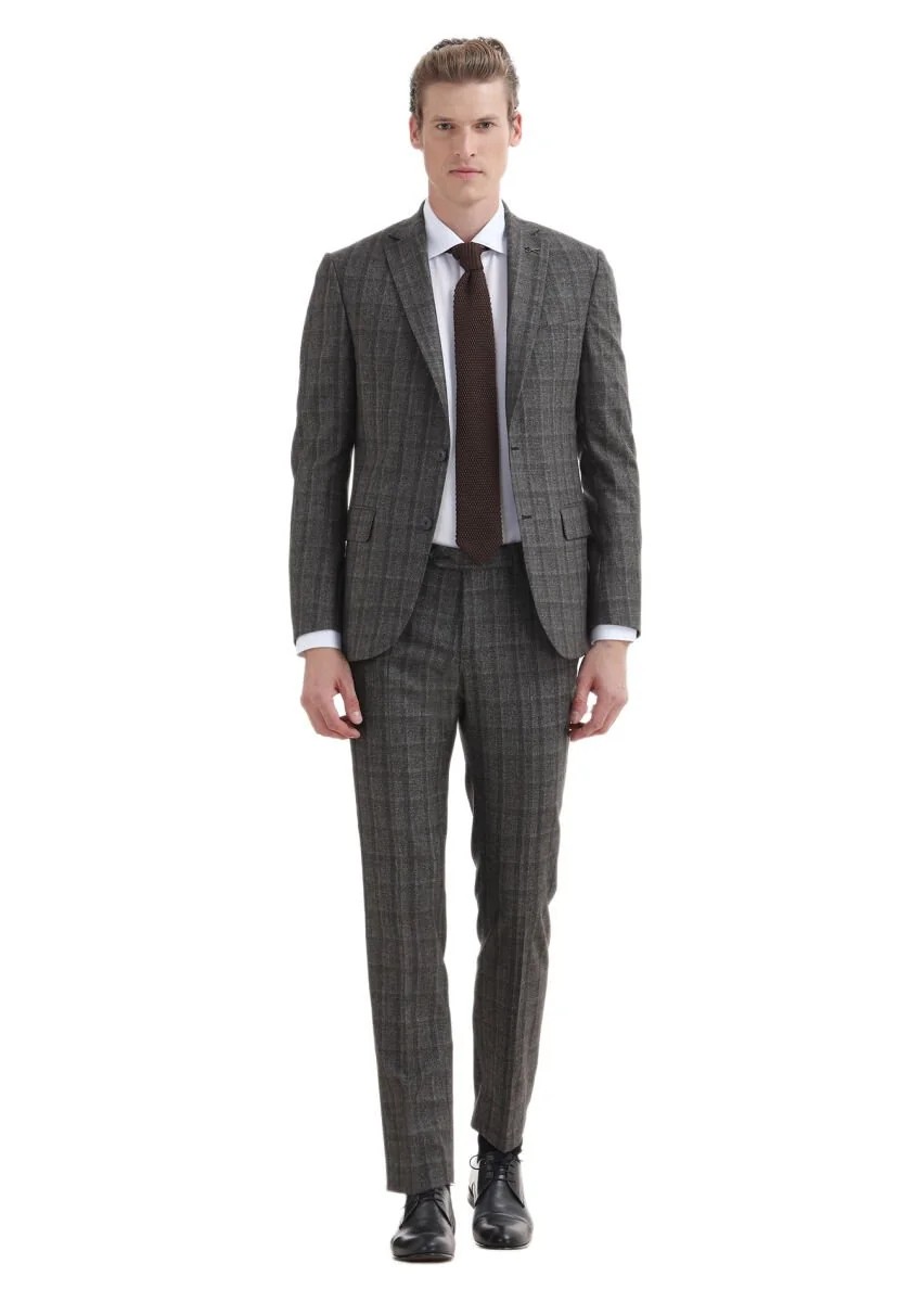 Kahverengi Kareli Zeroweight Slim Fit %100 Yün Takım Elbise - 1
