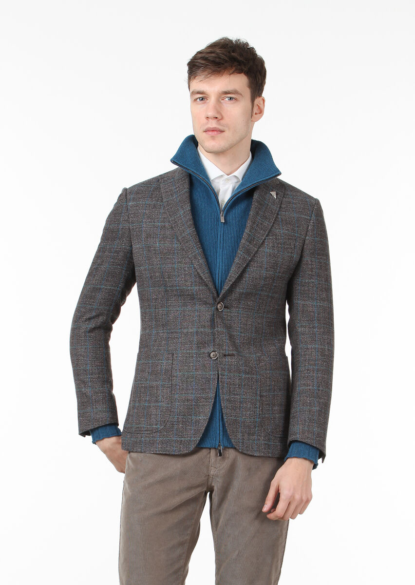 Kahverengi Kareli Zeroweight Slim Fit Yün Karışımlı Ceket - 3