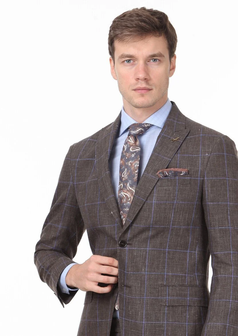 Kahverengi Kareli Zeroweight Slim Fit Yün Karışımlı Takım Elbise - 1