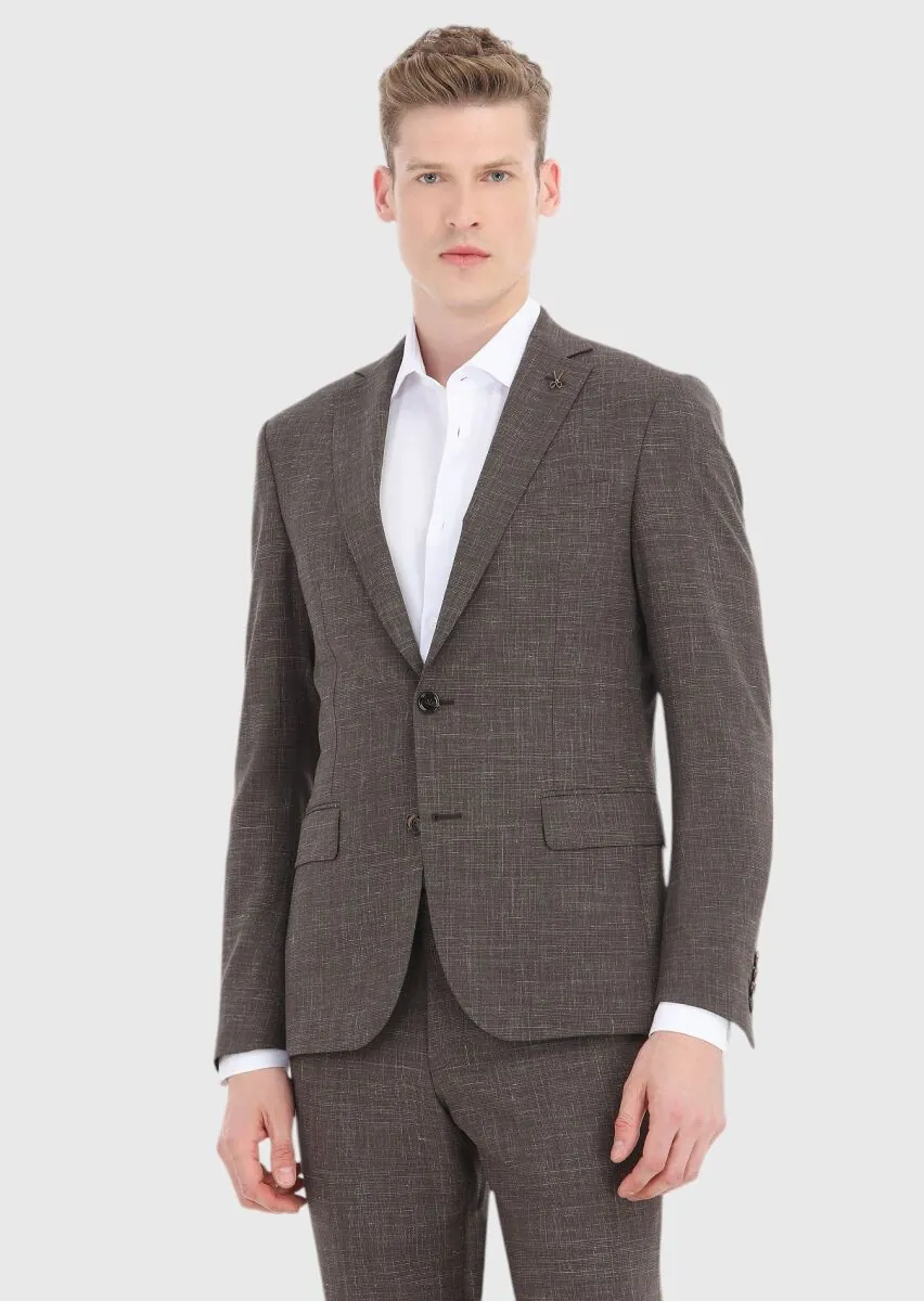 Kahverengi Kareli Zeroweight Slim Fit Yün Karışımlı Takım Elbise - 2