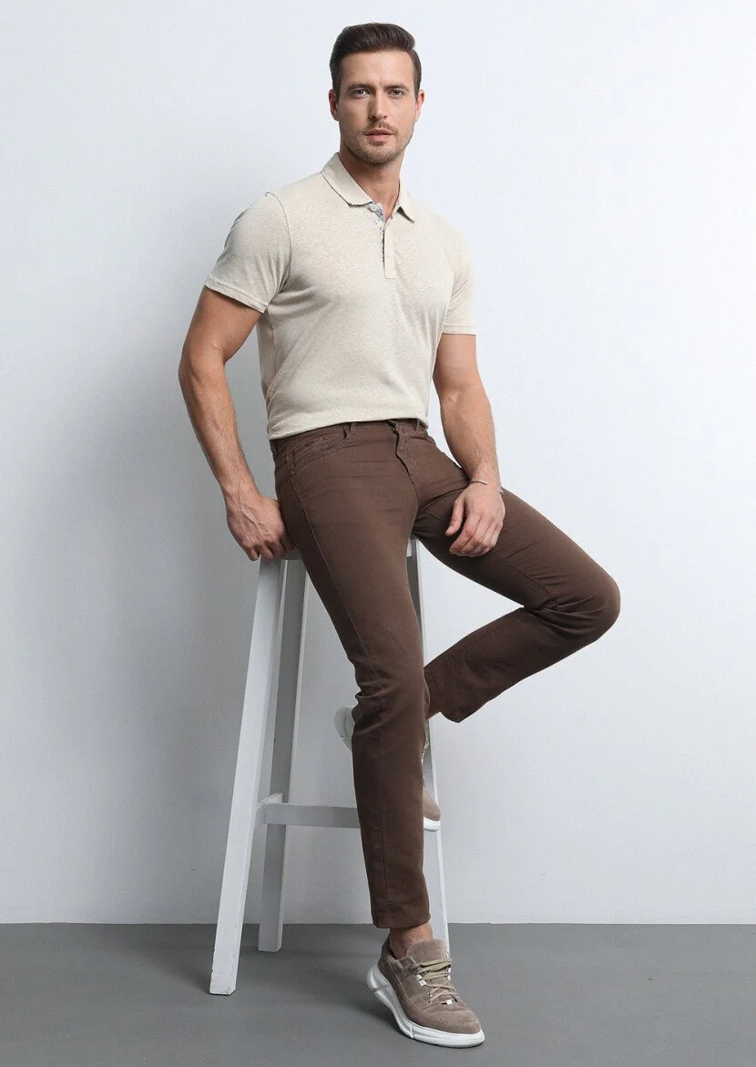 Kahverengi Mikro Dokuma Slim Fit Casual Pamuk Karışımlı Pantolon 