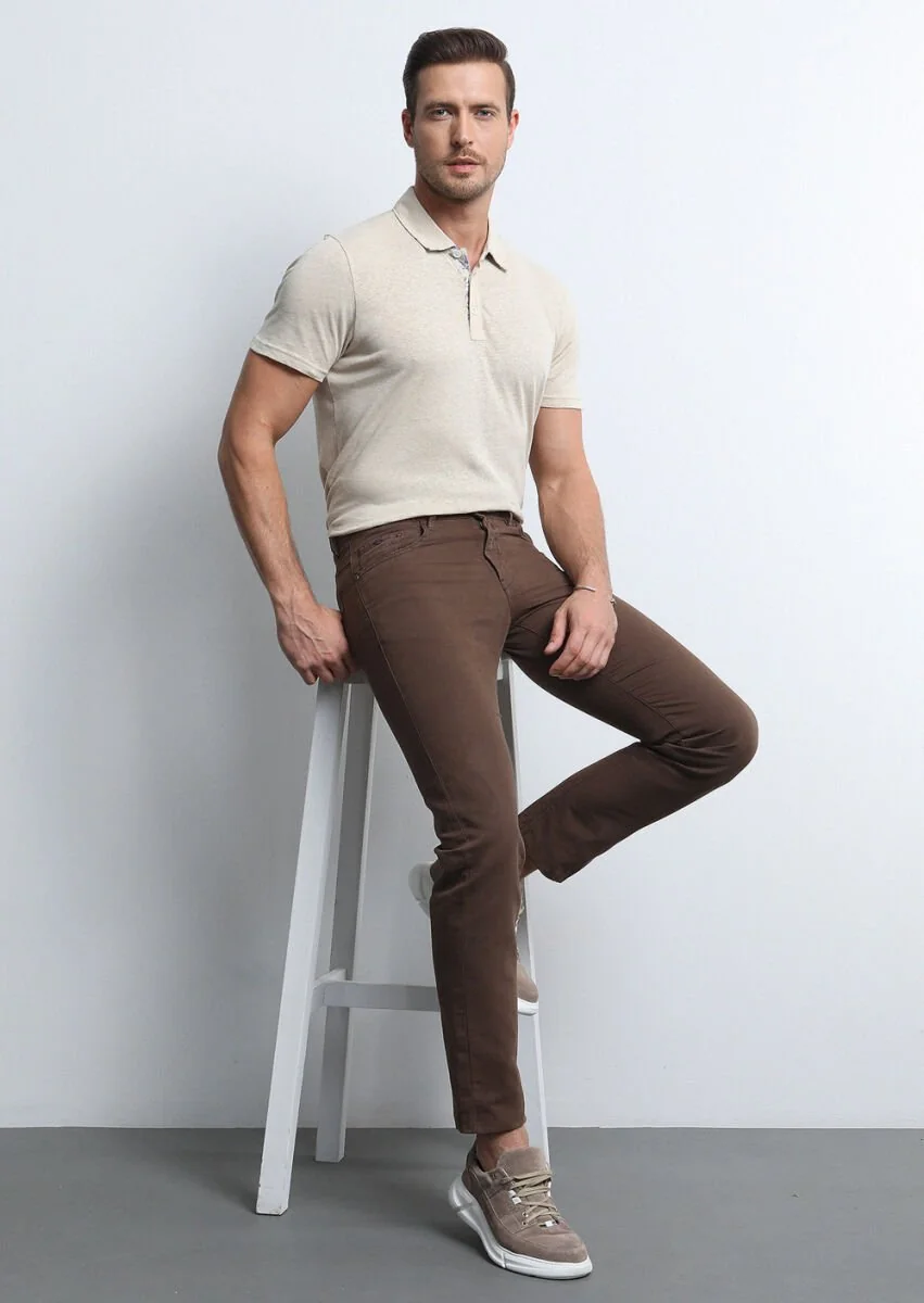 Kahverengi Mikro Dokuma Slim Fit Casual Pamuk Karışımlı Pantolon - 1