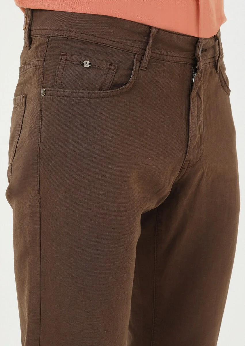 Kahverengi Mikro Dokuma Slim Fit Casual Pamuk Karışımlı Pantolon - 2