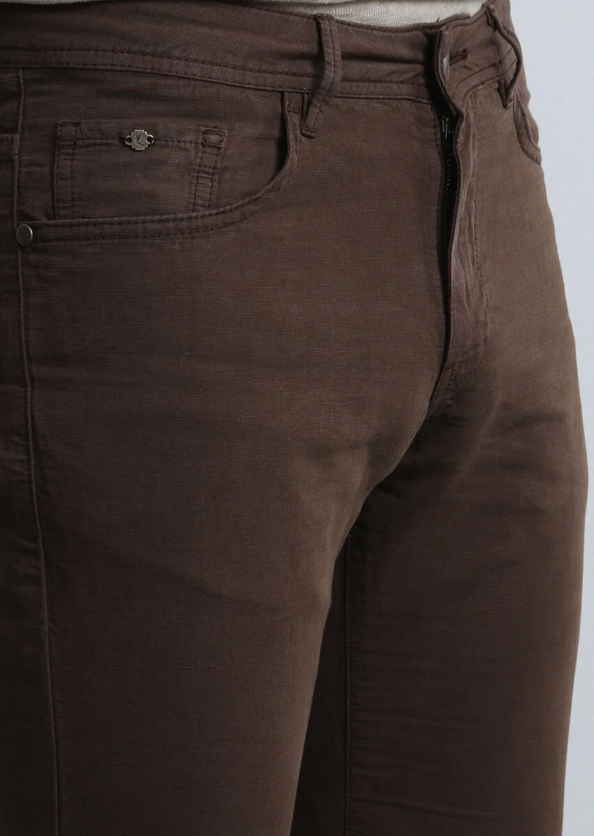 Kahverengi Mikro Dokuma Slim Fit Casual Pamuk Karışımlı Pantolon - 3