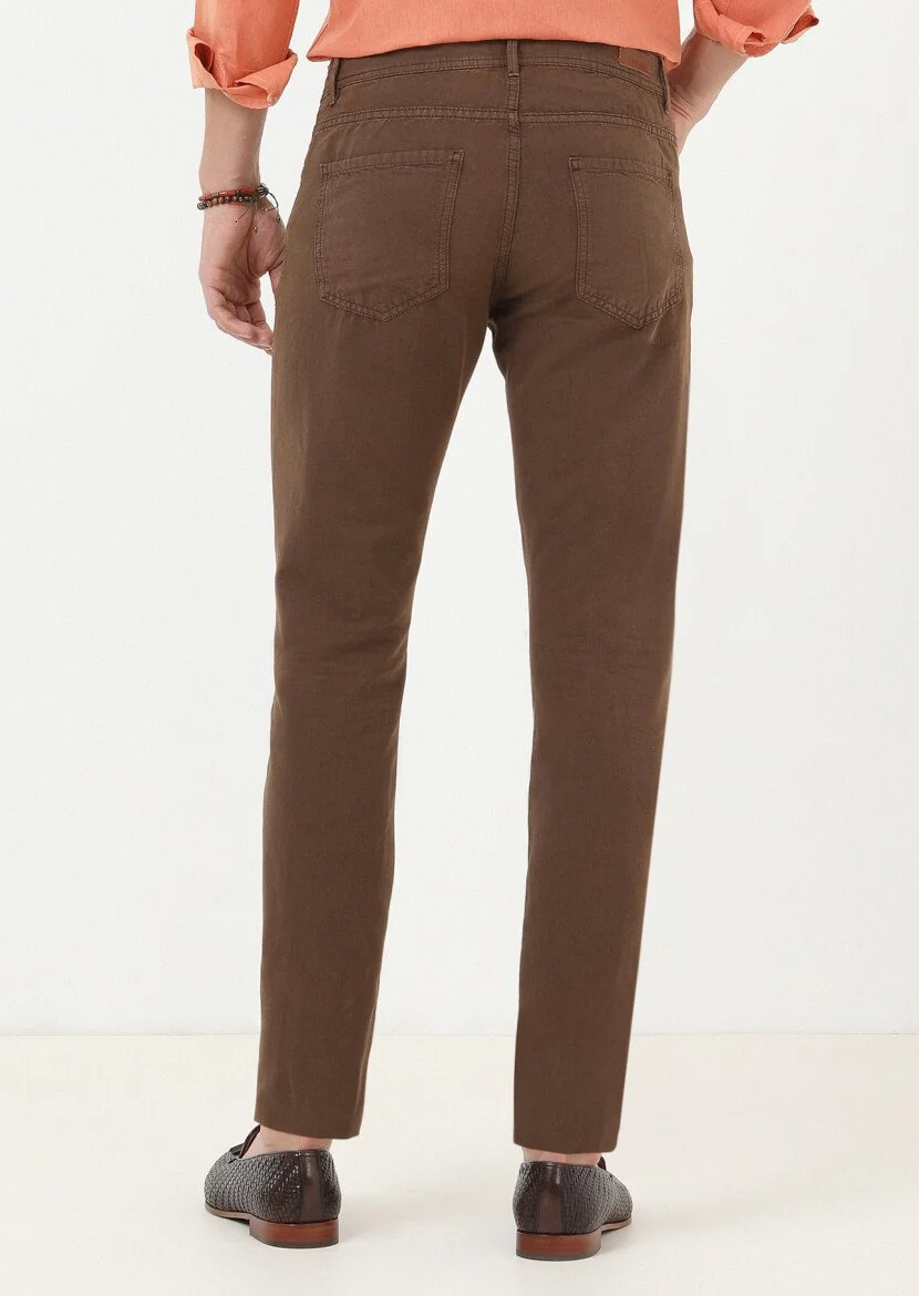 Kahverengi Mikro Dokuma Slim Fit Casual Pamuk Karışımlı Pantolon - 4