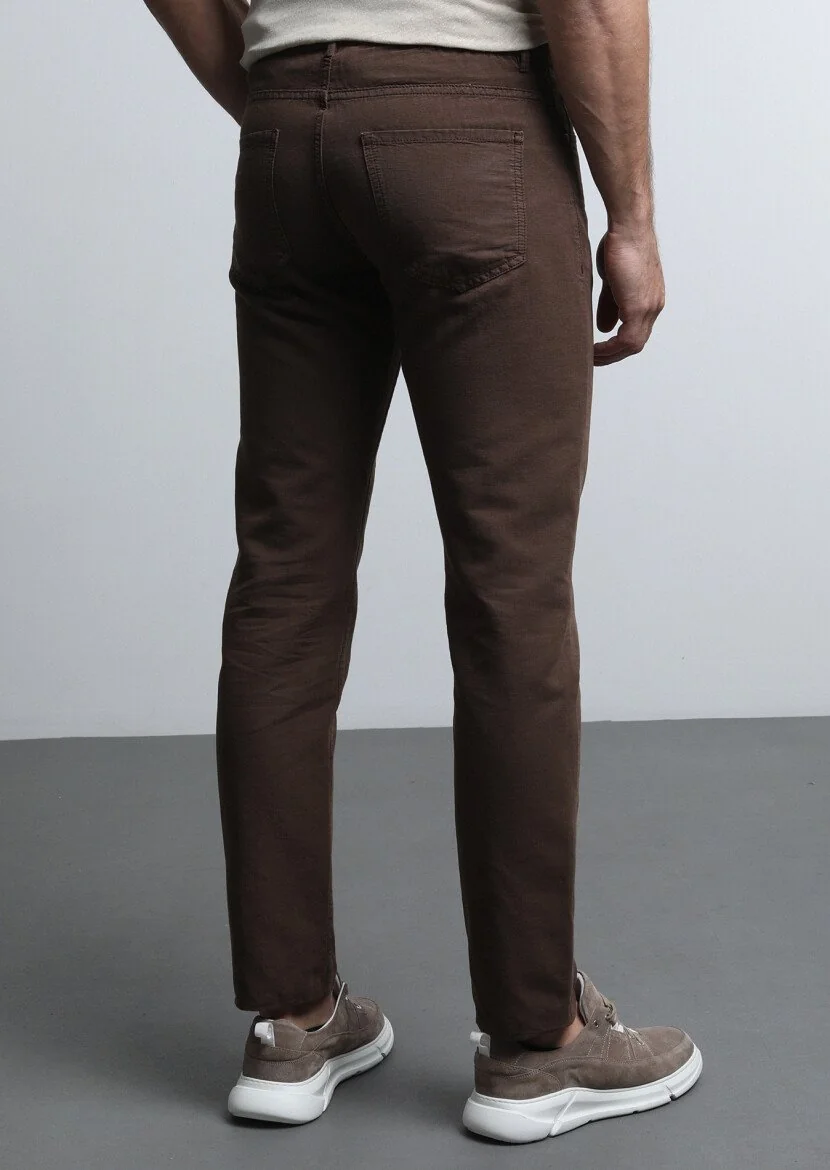 Kahverengi Mikro Dokuma Slim Fit Casual Pamuk Karışımlı Pantolon - 5
