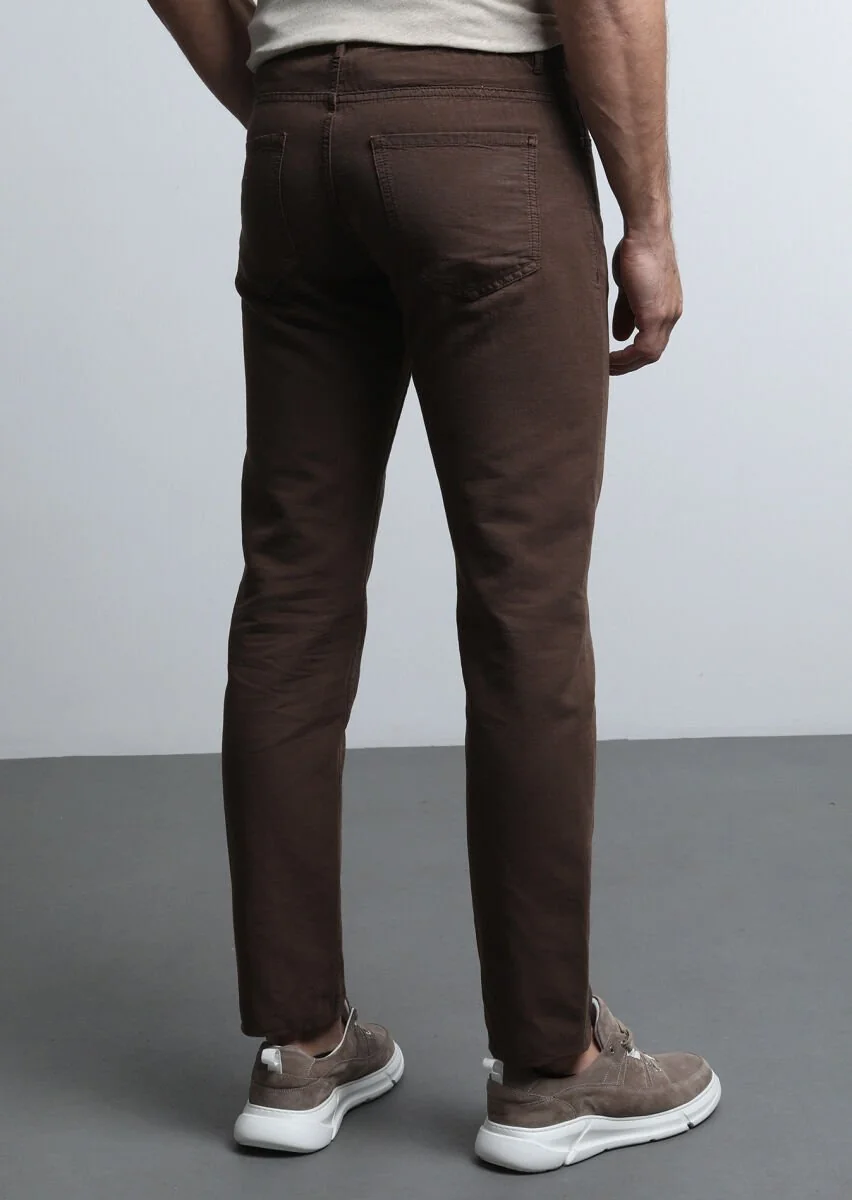 Kahverengi Mikro Dokuma Slim Fit Casual Pamuk Karışımlı Pantolon - 5