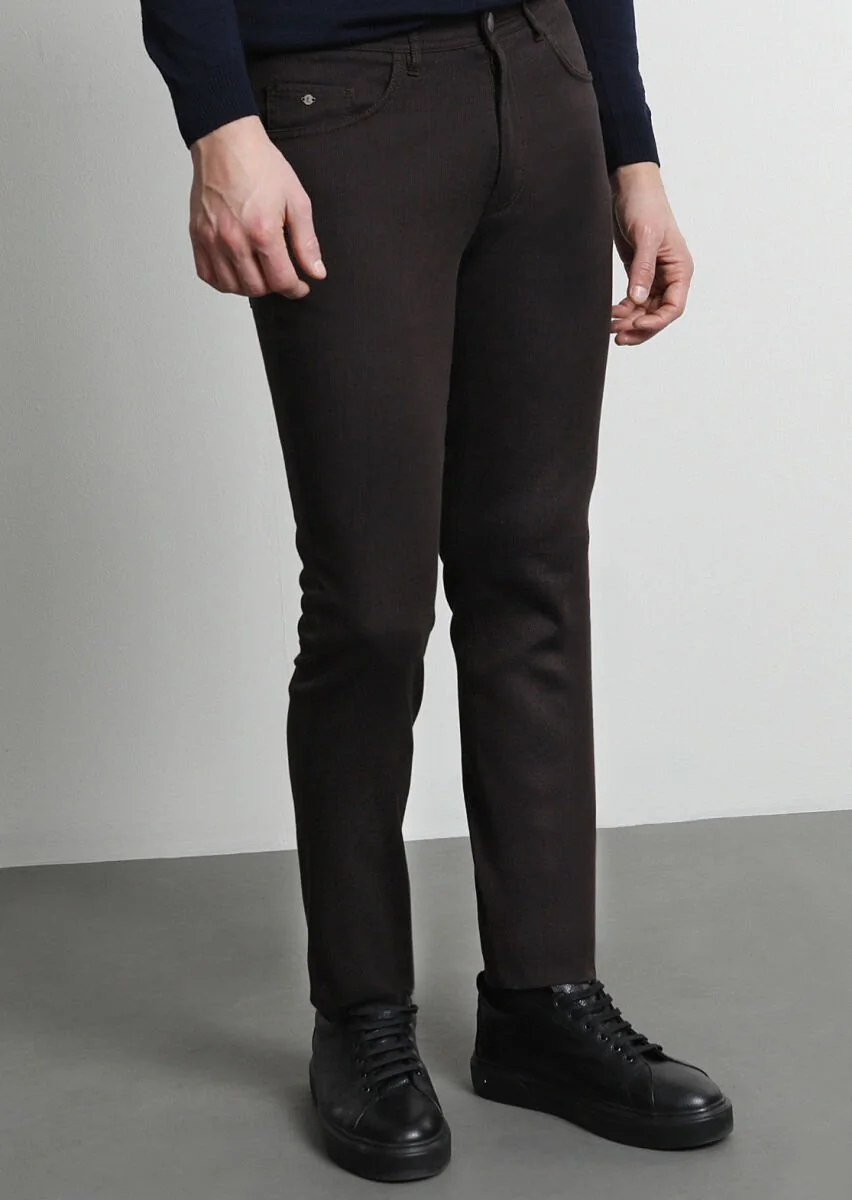 Kahverengi Mikro Dokuma Slim Fit Casual Pamuk Karışımlı Pantolon - 3
