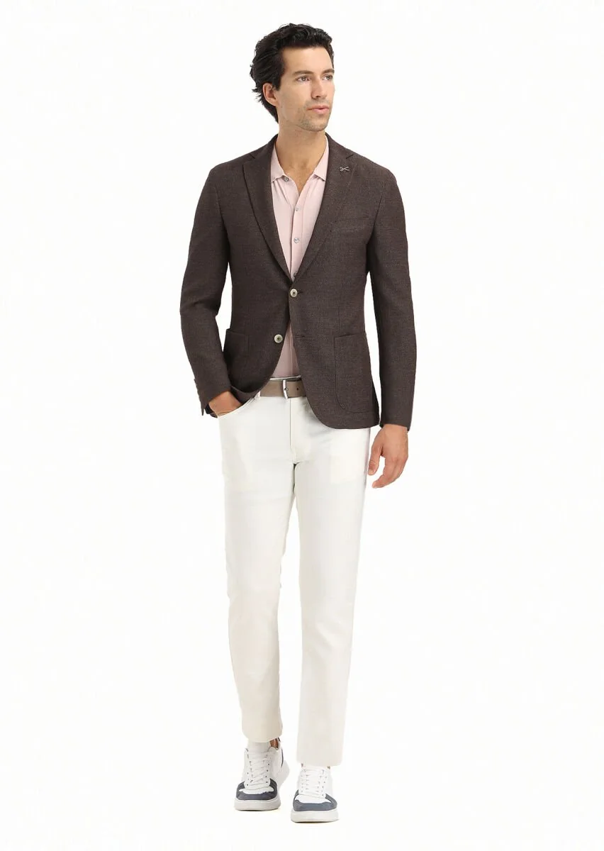 Kahverengi Mikro Shirt Shoulder Slim Fit Yün Karışımlı Ceket - 1