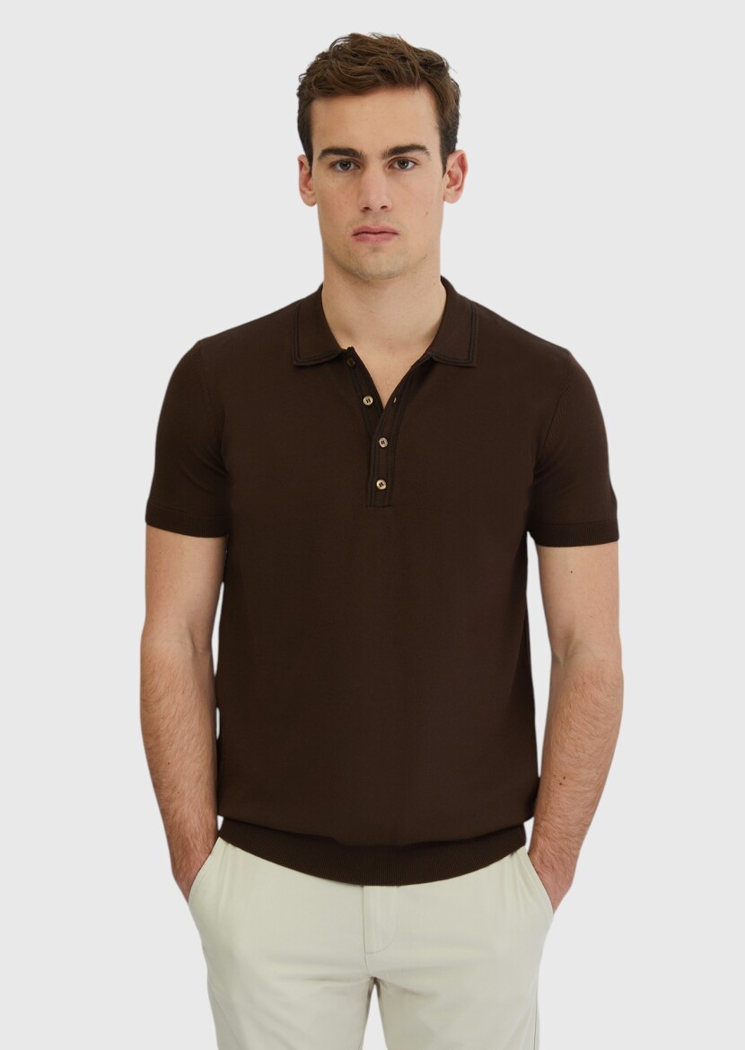 Kahverengi Polo Yaka Düz Örgü Triko - 1