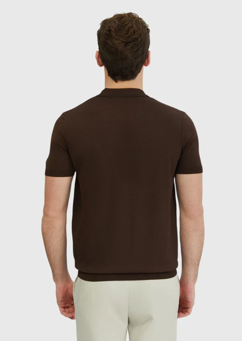 Kahverengi Polo Yaka Düz Örgü Triko - 5