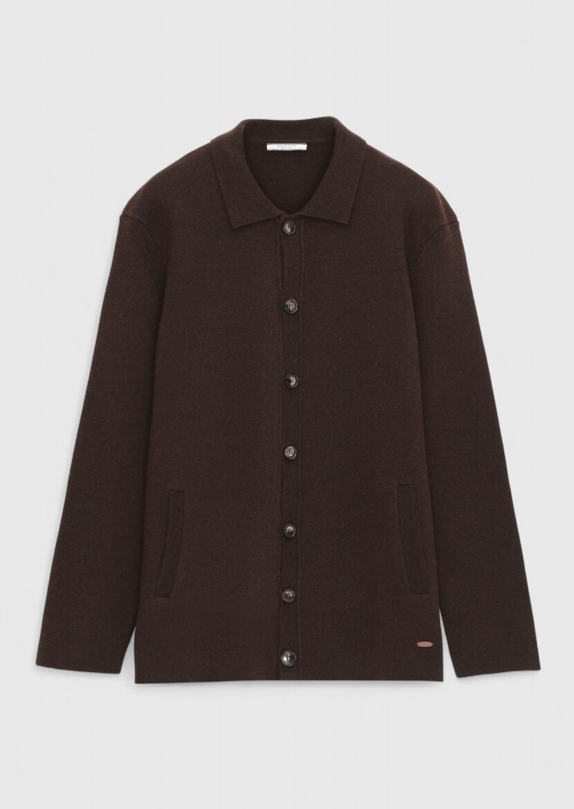 Kahverengi Polo Yaka Düz Örgü Yün Karışımlı Hırka - 6