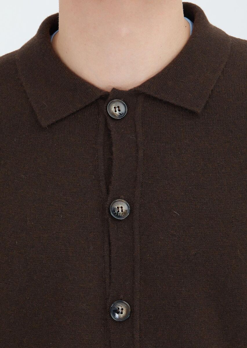 Kahverengi Polo Yaka Düz Örgü Yün Karışımlı Hırka - 4