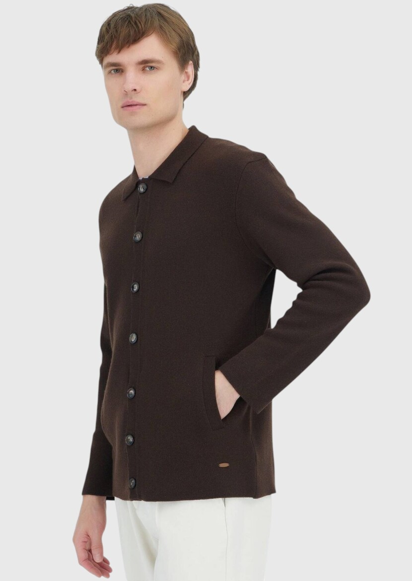 Kahverengi Polo Yaka Düz Örgü Yün Karışımlı Hırka - 3