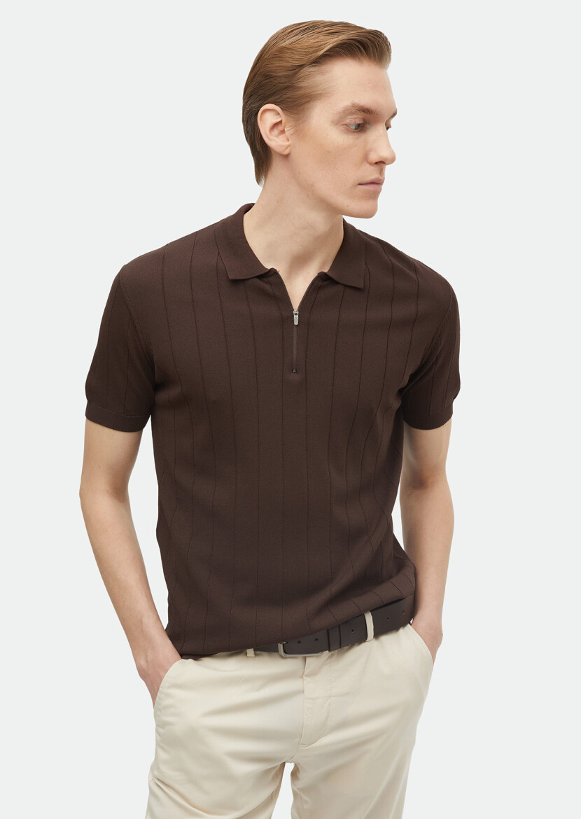 Kahverengi Polo Yaka Jakarlı Triko - RAMSEY