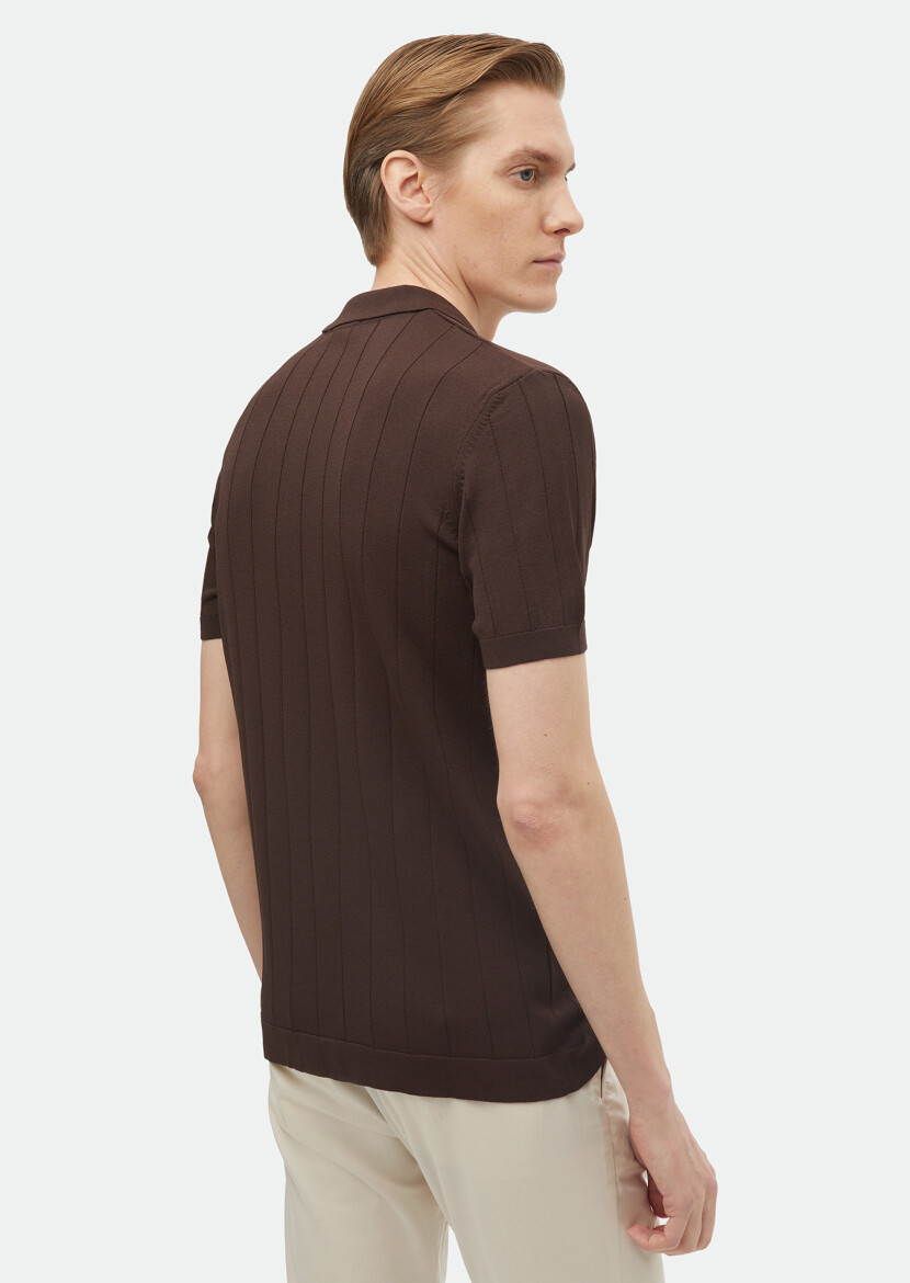 Kahverengi Polo Yaka Jakarlı Triko - 5