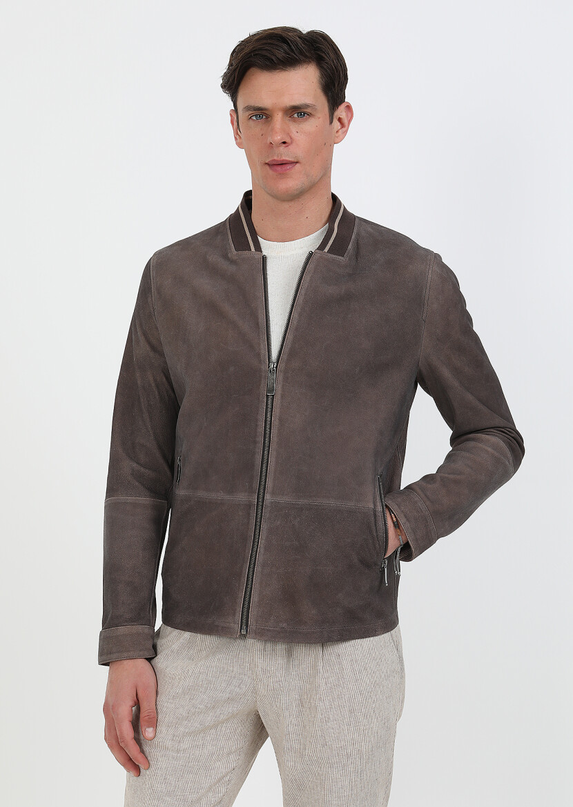 Kahverengi Regular Fit Dik Yaka Casual Deri Deri Mont - 2