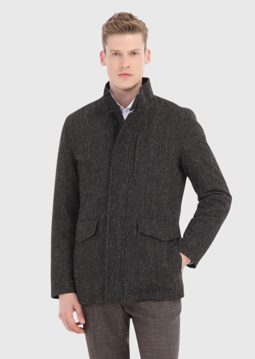 Kahverengi Regular Fit Dik Yaka Casual Dokuma Mont - 2