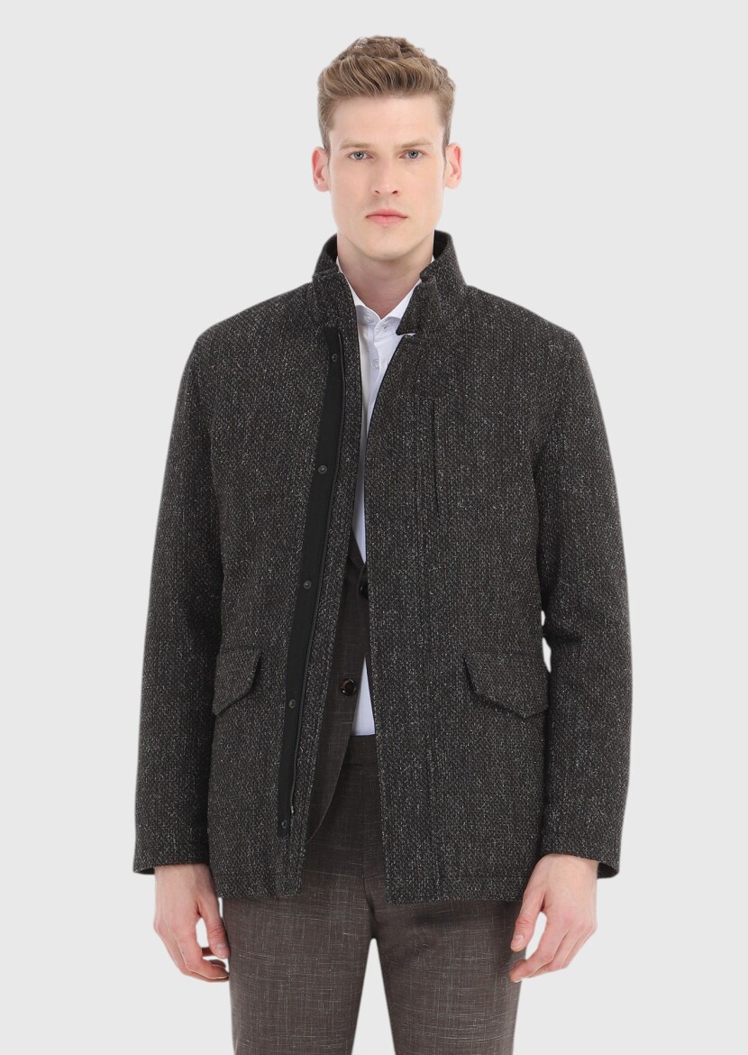 Kahverengi Regular Fit Dik Yaka Casual Dokuma Mont - 3