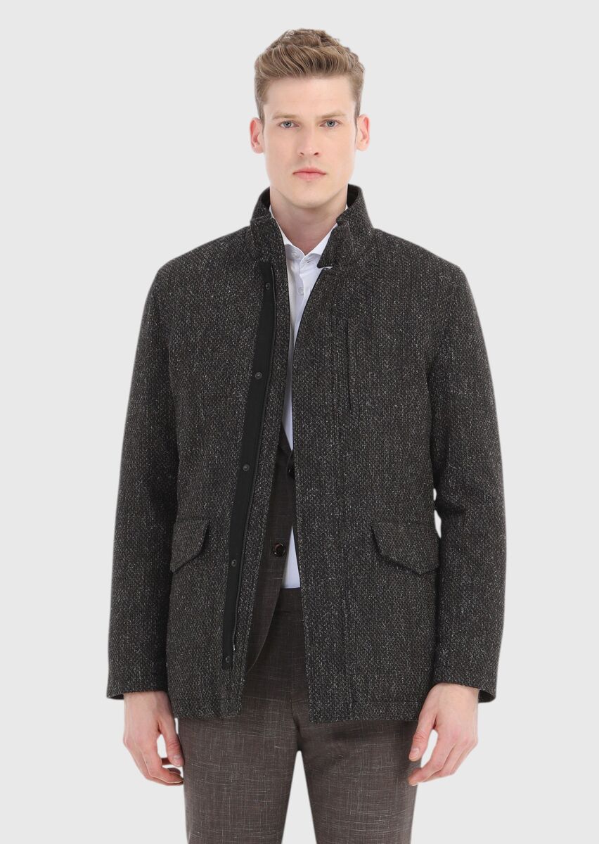 Kahverengi Regular Fit Dik Yaka Casual Dokuma Mont - 3