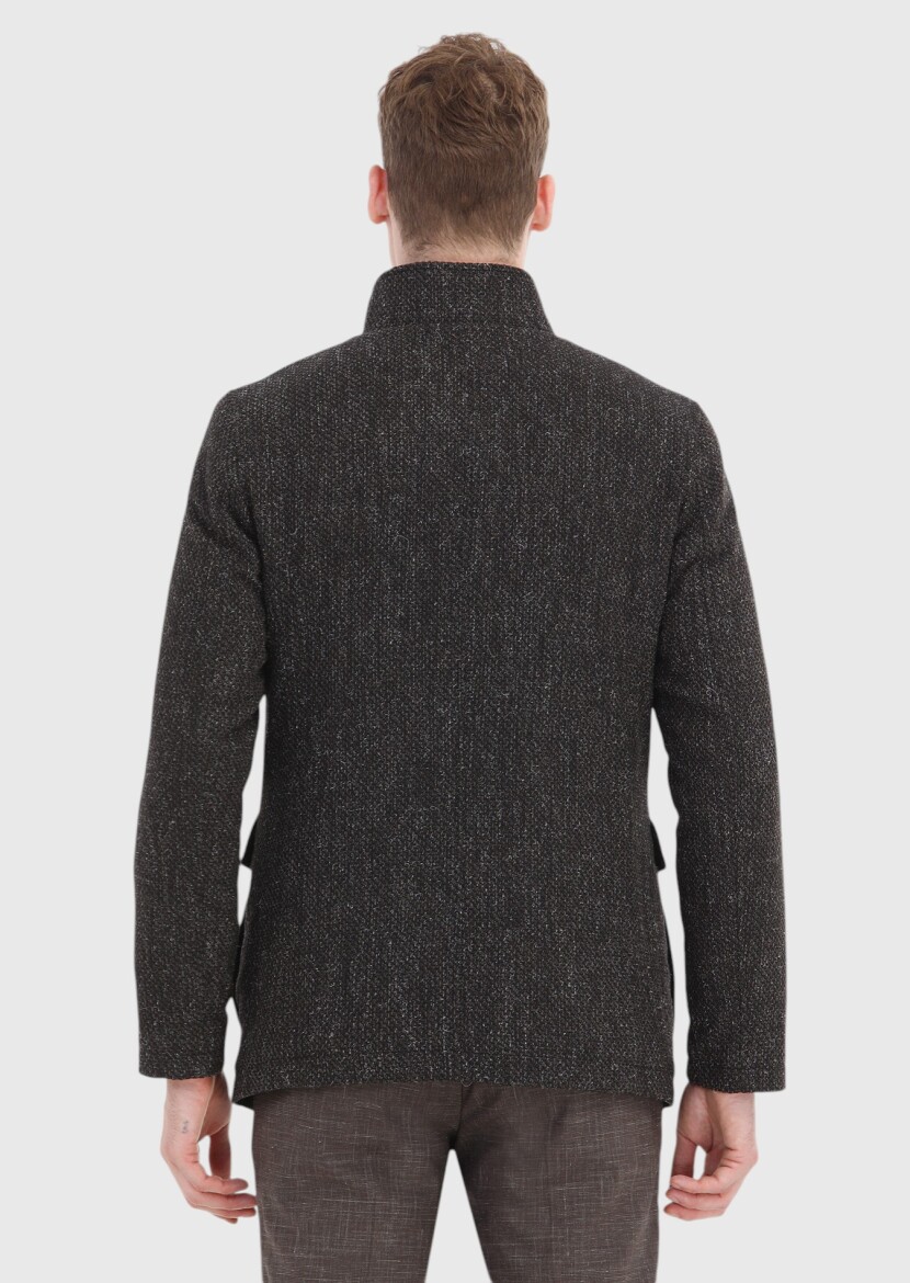 Kahverengi Regular Fit Dik Yaka Casual Dokuma Mont - 5