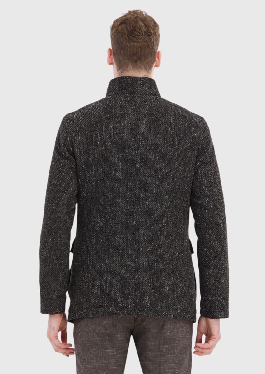 Kahverengi Regular Fit Dik Yaka Casual Dokuma Mont - 5